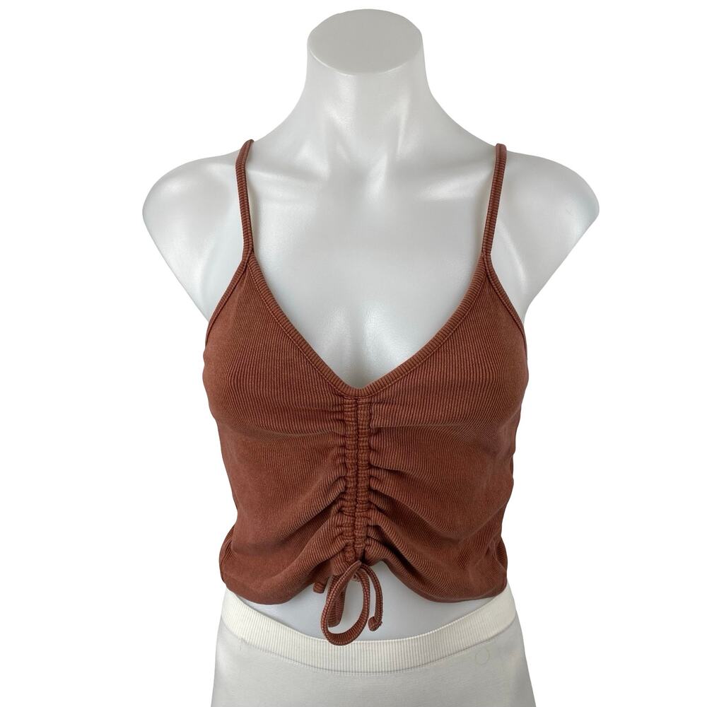 Zara Women's Brown Sleeveless Rib Knit Ruched V Neck Cami Tank Crop Top Size M